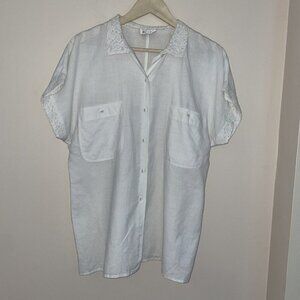 Otto Kern Women's Linen/Cotton Button Front Blouse Sz M Crochet Trim Cottagecore